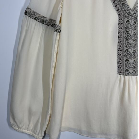 Tory Burch Silk Peasant Blouse Top Ivory Chiffon Size S Batik Trim Boho Designer - Picture 5 of 16